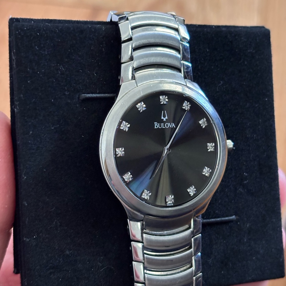 Bulova Stainless Steel Diamond Collection Watch with Black Dial